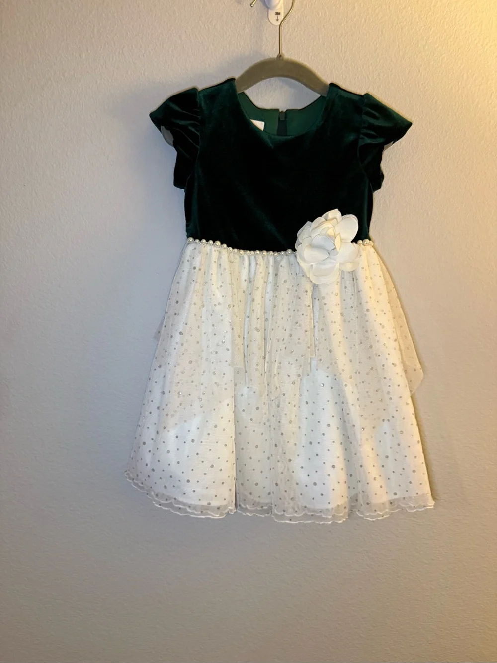 iris & ivy Dark Green Velvet and Ivory Tulle Flower Girl Dress
